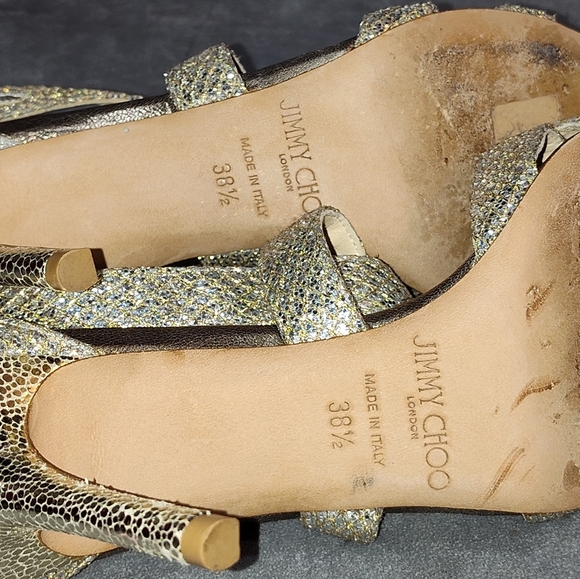 EUC JIMMY CHOO GOLD GLITTER "LOUISE"  STRAPPY HEEDLED SANDALS SIZE 7½ / 38½ UK - Picture 8 of 8
